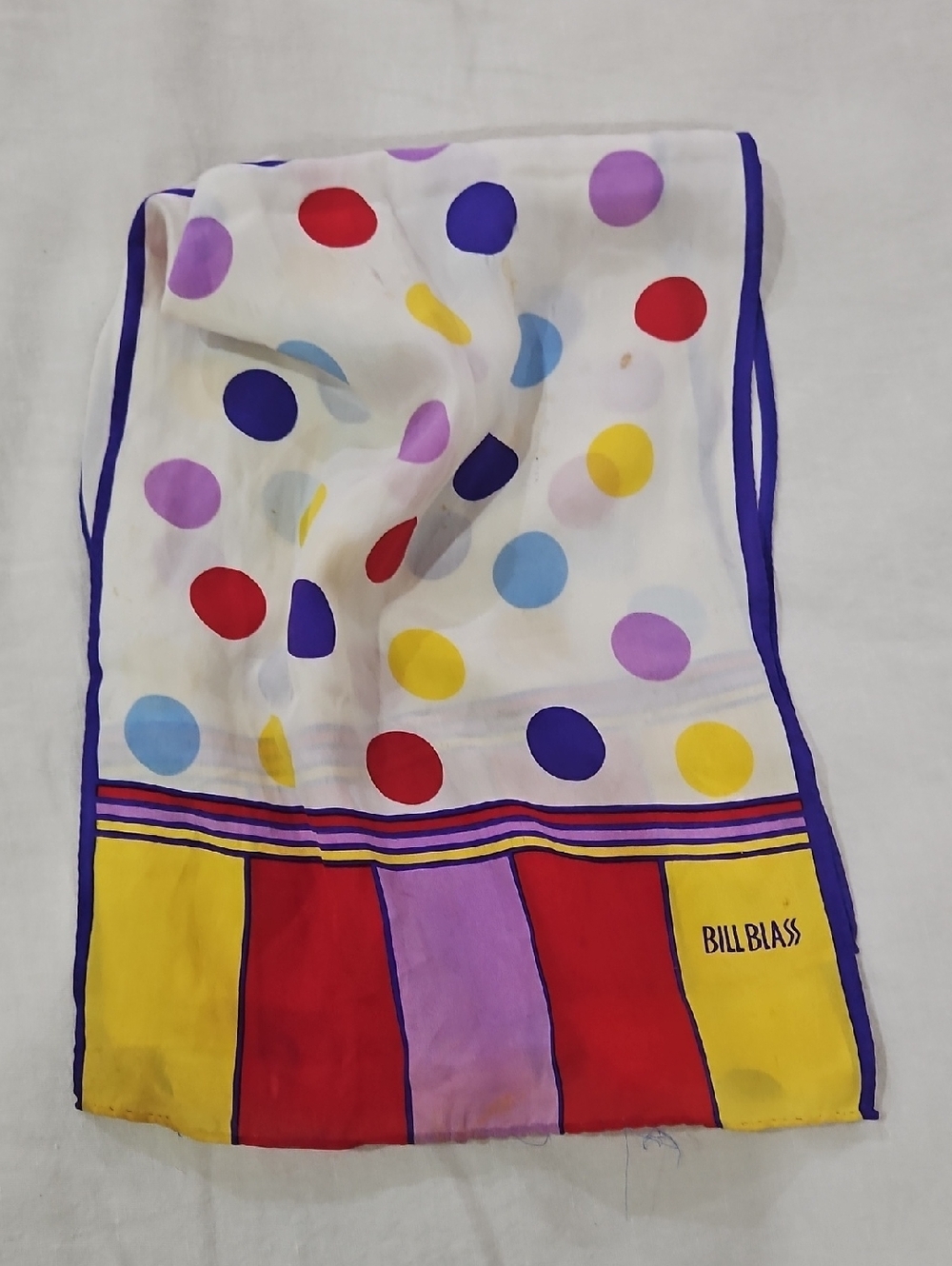 Bill Blass White Silk Scarf with Red, Yellow, Blue, Purple Polka Dots